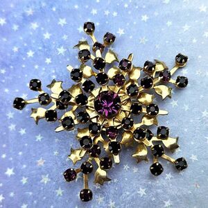 Vintage Gold & Purple Rhinestone Fancy Star Spooky Snowflake Brooch